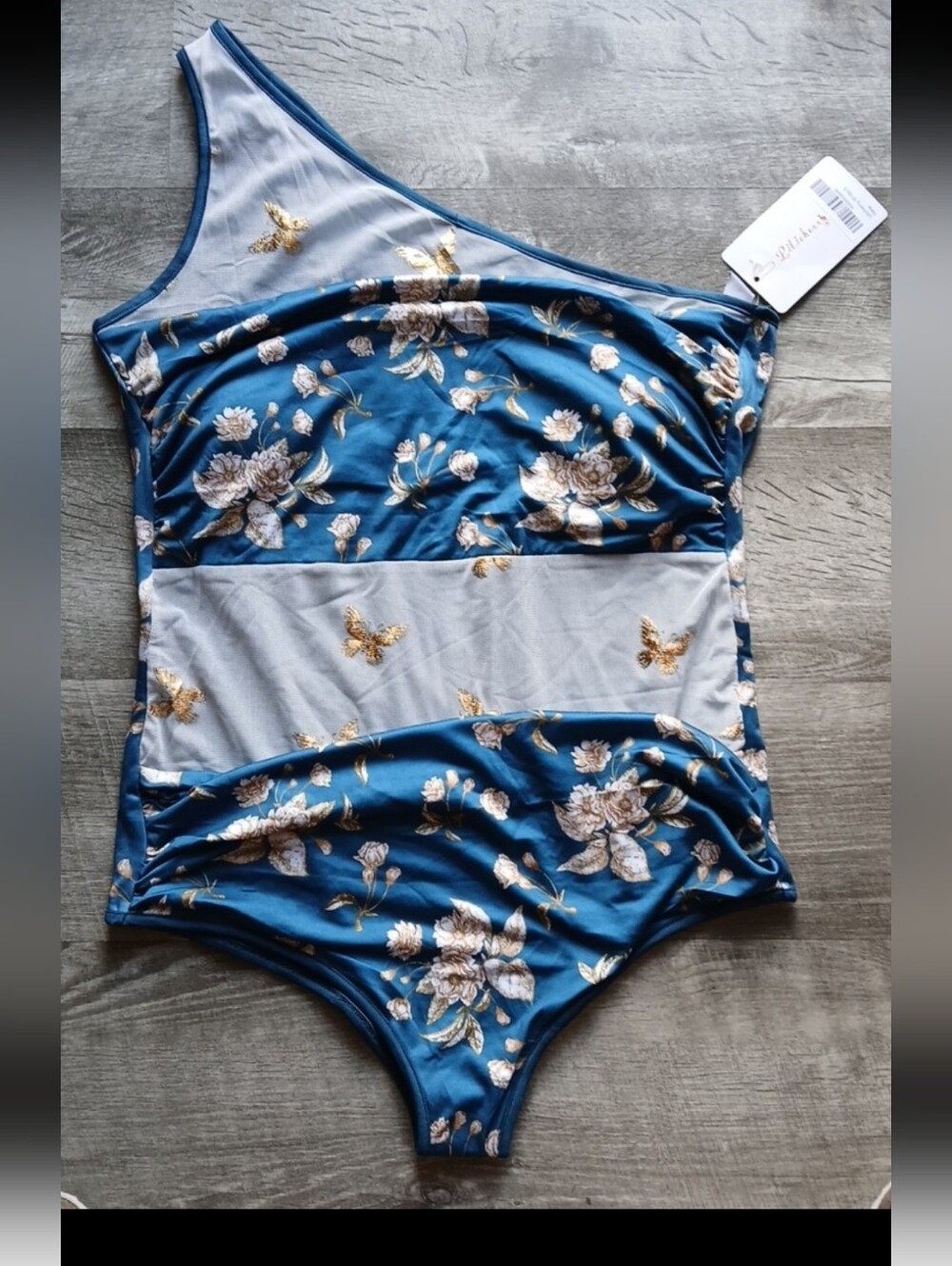 One-Shoulder Floral Swimsuit in Teal Blue with Cream Flowers